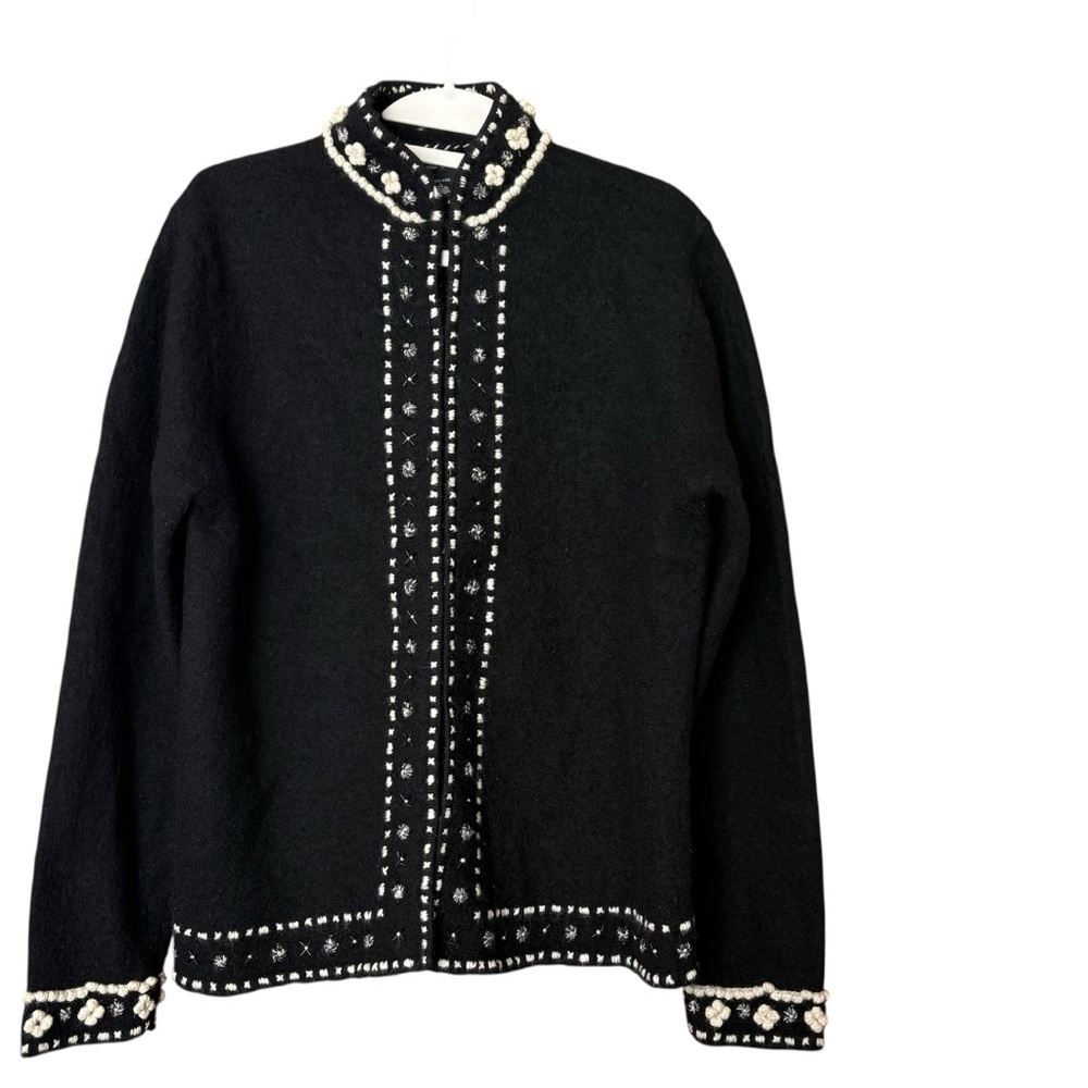 Alexandra Bartlett black 100% wool cardigan sweater embroidered Mock Neck Large